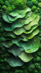 Naklejka premium Elegant ial moss wall with dynamic modern patterns, showcasing vibrant green layers that evoke sense of tranquility and nature