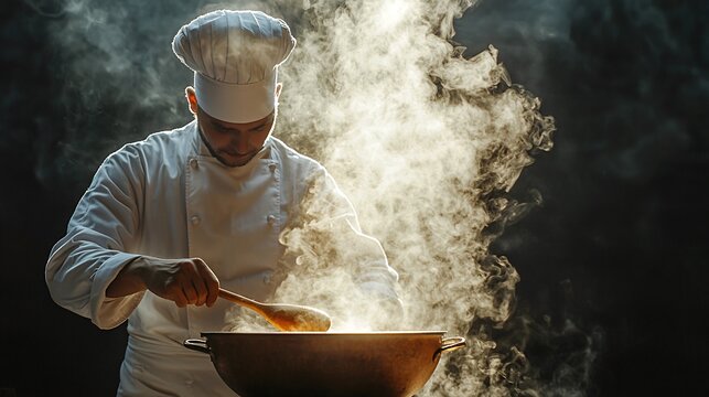 Young chef testing flavor of soup with wooden spoon while cooking delicious meal in kitchen