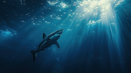 Obraz premium Great White Shark Swimming Under Ocean Surface