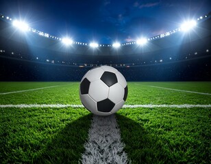 Soccer ball on a green field at night under stadium lights. Ready for kickoff!