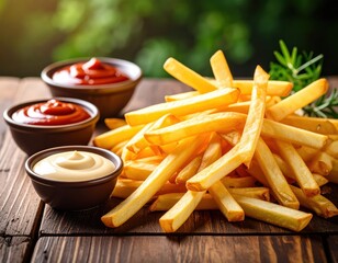 Tasty French Fries with Dipping Sauces on Rustic Wooden Table Generative AI