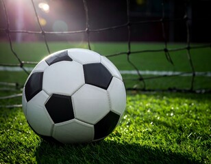Fototapeta premium Soccer ball near goal on sunny green field. Perfect for sports, game, and victory themes.