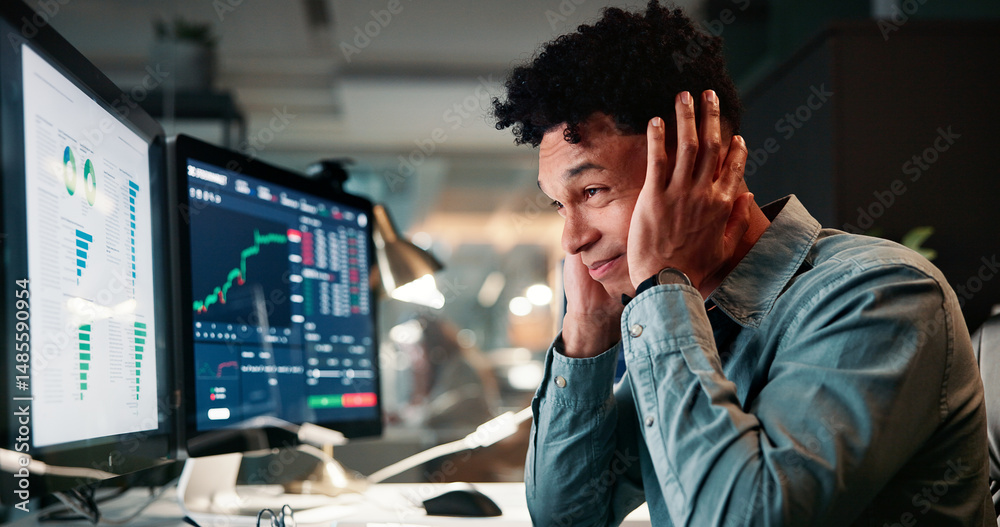 Poster Man, trading and computer with stress for charts with value crash, results or monitor for stocks at office. Person, frustrated and crypto investor at night by screen, worry and lost revenue at agency