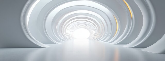 Obraz premium Futuristic white tunnel with smooth curved ribs and soft glowing yellow lights creating a clean, modern, and serene atmosphere