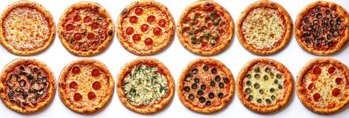 A colorful array of twelve different pizzas arranged in two rows on a white background, featuring various toppings like pepperoni, olives, spinach, and cheese, evoking hunger and variety