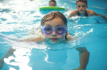 Naklejka premium Young child with swimming goggles swimming in a pool with other children in the background during a swim lesson or playtime
