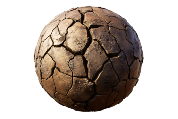 Cracked earth sphere shows a pattern of fractured dry soil against a transparent background, highlighting texture and geological structure