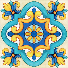 Watercolor hand drawn italian mediterranean tiles