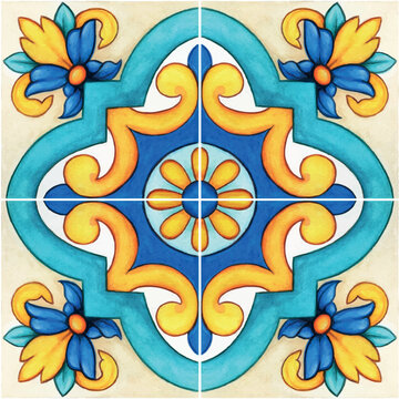 Watercolor hand drawn italian mediterranean tiles