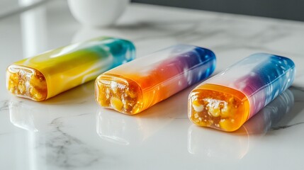 Three colorful, rectangular, transparent candies, filled with nuts, arranged on a marble surface
