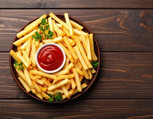 Top View of French Fries with Tomato Sauce and Mayonnaise Generative AI