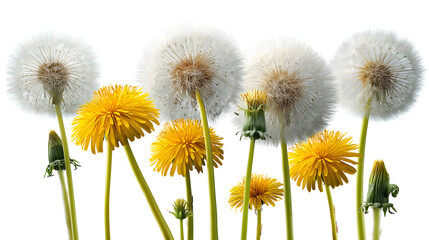 A vibrant display of yellow dandelion flowers and their fluffy seed heads against a bright white background.