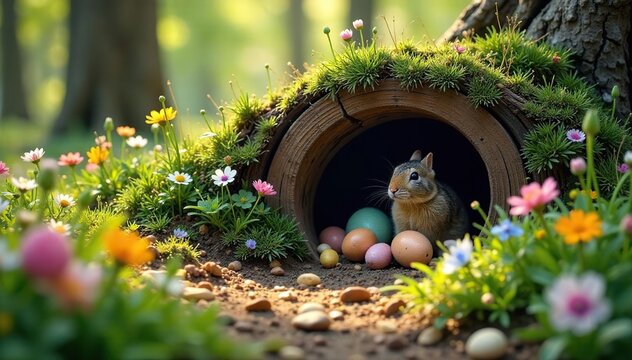 Wooden burrow entrance, spring wildflowers, scattered eggs, hares, scene, vintage