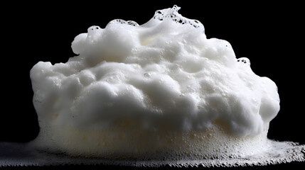 A close-up of a fluffy, white foam bubble against a black background, creating a striking contrast and emphasizing the texture.