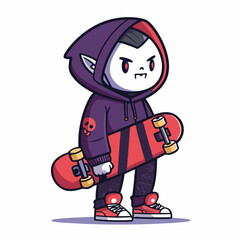 Create a cute chibi illustration of a vampire skater wearing a stylish streetwear hoodie.  Include vibrant colors and a playful expression.
