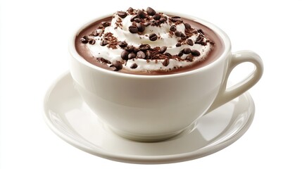 A white ceramic mug filled with hot chocolate topped with whipped cream and chocolate shavings, resting on a white saucer against a white background