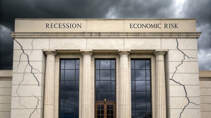 Obraz premium Economic risk recession banking sector Weathered building facade with columns, reflecting themes of economic instability.