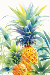 Fototapeta premium A colorful pineapple illustration surrounded by lush green leaves and tropical plants, with a white background that highlights the pineapple's vibrant colors and textures.