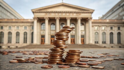 Economic risk  recession banking sector Piles of coins in front of a grand building symbolize wealth and finance.