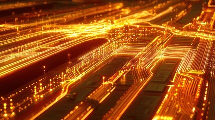 Obraz premium Abstract Circuit Board Glowing Orange Lines, Digital Technology, Futuristic Network, Electronic Pathways