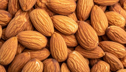 Fototapeta premium Healthy Food Background, Texture - A detailed close up of a pile of raw almonds with intact brown shells, showcasing their uniform shape, visible ridges, and natural textures.