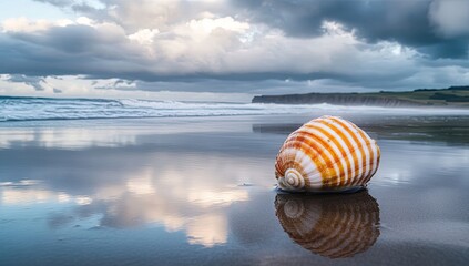Striped seashell on a beach, reflections