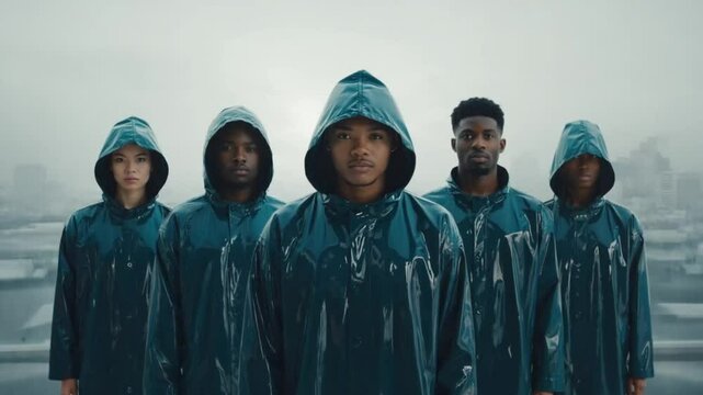 Group in rainwear standing outdoors