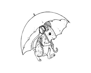 Rat Walking with Umbrella SVG Icon Logo Design – Cute Cartoon Mouse Clipart Vector, Animal Rainy Day Silhouette for Print