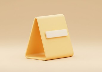 Minimalist render featuring a yellow, tent-shaped sign with a blank white label in a pastel setting