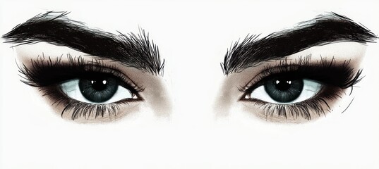 Naklejka premium Close-up digital illustration of intense blue-green eyes with thick dark eyelashes and bold eyebrows expressing a focused and captivating gaze