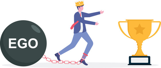 confidence businessman wear king crown chain with heavy EGO burden weight.

