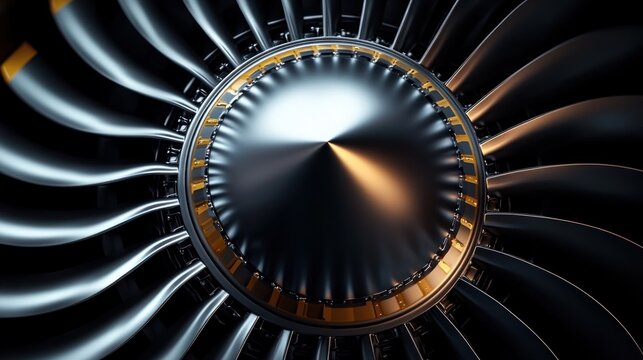 Close-up view of a sleek, metallic turbine engine with curved blades radiating around a central cone, illuminated by soft blue and orange light, evoking precision and power