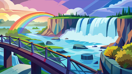 Niagara Falls
Powerful waterfalls framed by mist and a rainbow, with a viewing platform and a bridge in the distance.