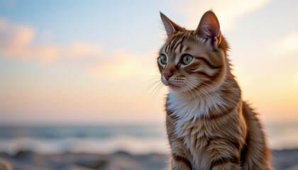 Cat on a beach at sunset with soft colors.
