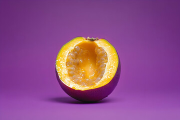 Close-up view of a halved passion fruit against a vibrant purple background.