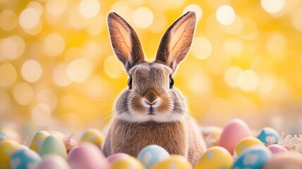 Close-up of a brown rabbit surrounded by colorful decorated Easter eggs with a warm yellow bokeh background, conveying a festive and cheerful atmosphere