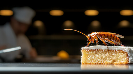 Cockroach on Cake: A chef is blurred in the background, while a cockroach stands on the top of a cake in the foreground in a kitchen.