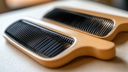 Two light beige wooden combs with dark gray teeth, close-up.  The combs have an ergonomic design, and the teeth are finely spaced