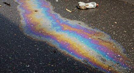 Iridescent Oil Spill on Asphalt Road Surface Environmental Pollution Rainbow Effect