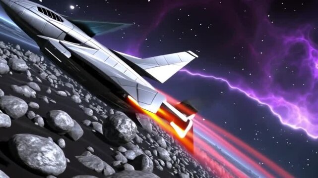 A spaceship with a dynamic mood flies between asteroids against a backdrop of starry sky and galaxy.