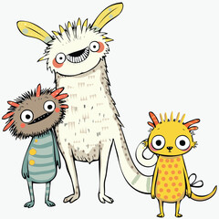 Set of funny and friendly creatures. Vector doodles.
