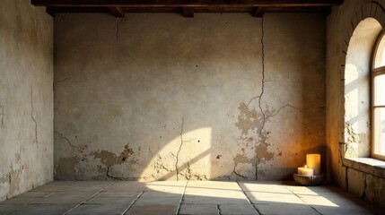 Serene interior space featuring aged wall texture, sunlit floor tiles, and a warm candlelight glow in a rustic corner.
