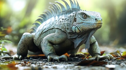 Fototapeta premium Iguana in a forest, posing, wildlife image, nature scene, possible use for a desktop background