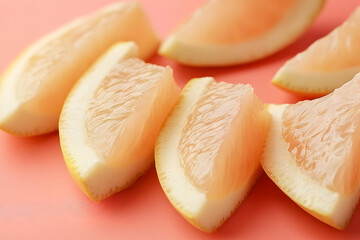 Close-up view of segments of a pomelo.