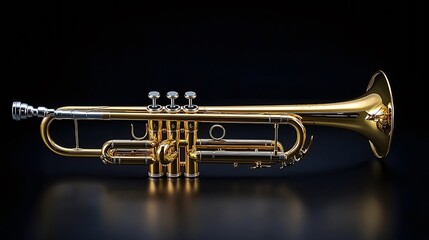 Obraz premium Trumpet lying on reflective surface with studio light highlighting its elegant design and finish