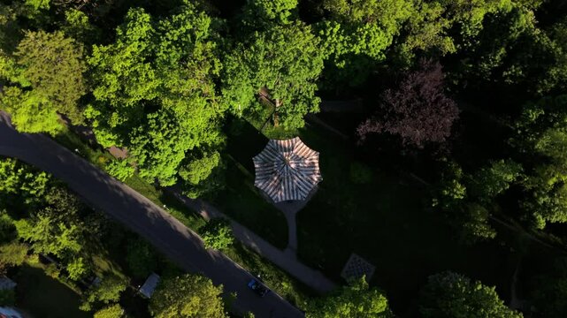Aerial view of the Chinese Tower in Fuerstengarten, Donaustauf, Bavaria, Germany. Historic wooden structure near the Danube River, surrounded by forest. Cultural heritage, summer, tourism. 