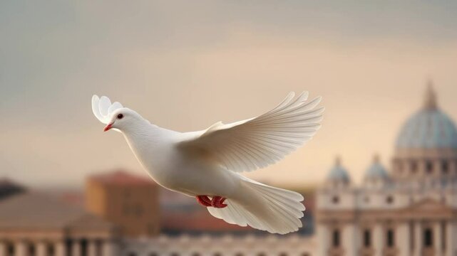 White dove soaring gracefully against soft pastel sky with iconic architecture