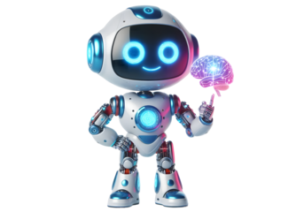 Ai robot Character in Holding a glowing brain hologram Friendly isolated on white background