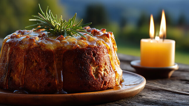 Traditional Slovenian potica cake with honey glaze and rosemary, celebrating national heritage and warmth.