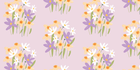 Floral seamless pattern. Hand-drawn bouquets of daffodils, white and purple flowers on pastel pink background. Botanical design for fabric, wallpaper, gift wrapping, decoration. Vector illustration